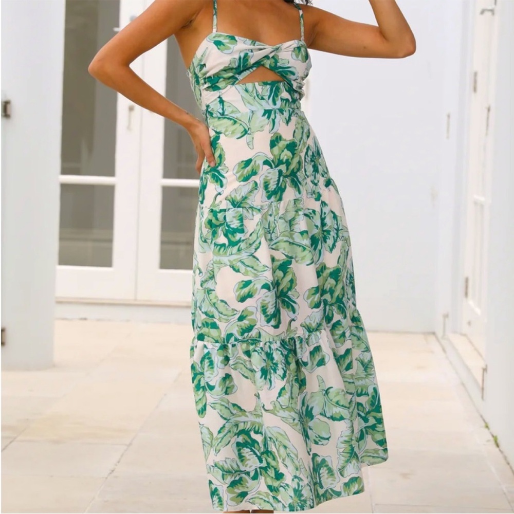 Hello Molly | Green Leaf Print Midi Dress Medium